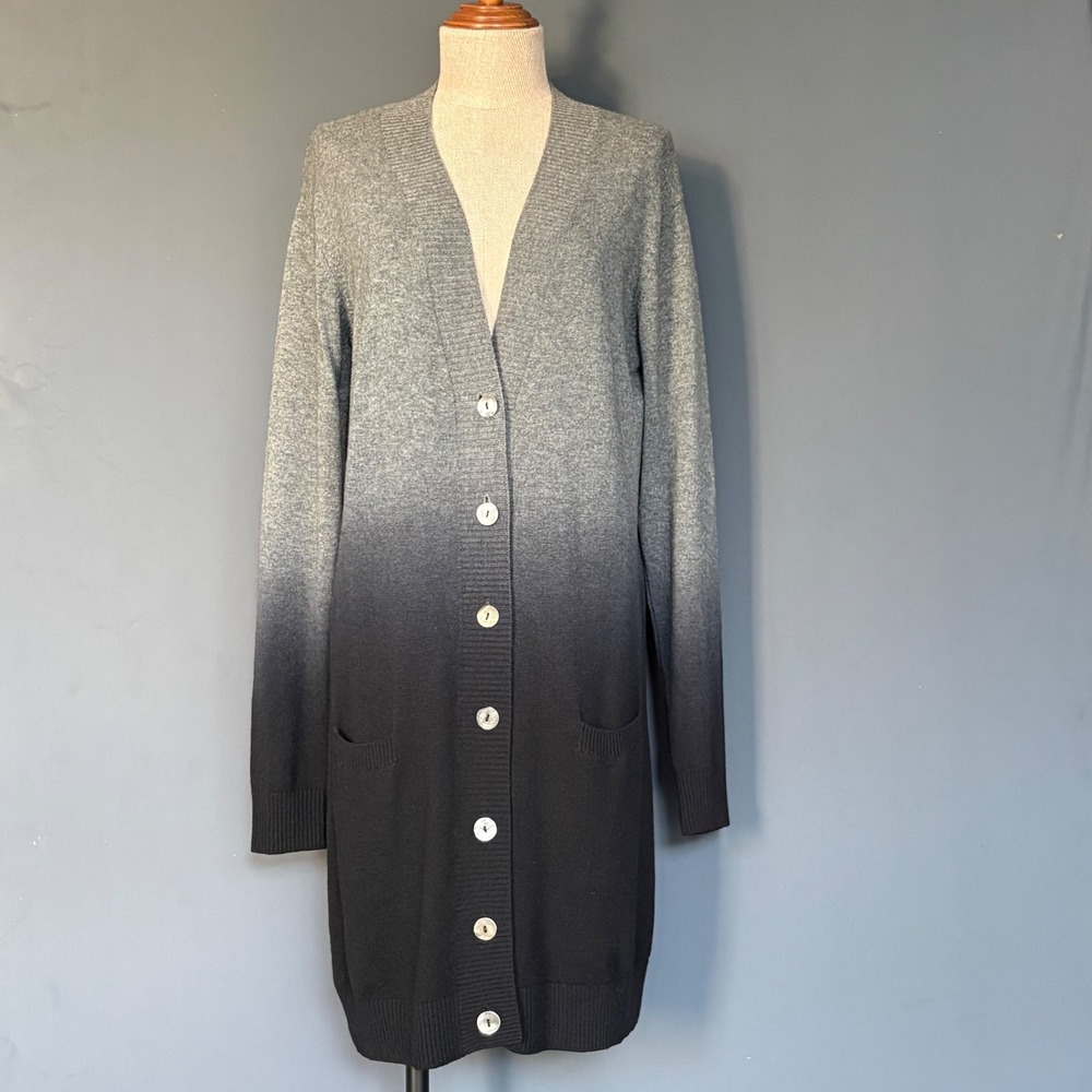 Vince Ombre Gradient Longline Cardigan | Sz L | Grey Black Button Front Duster